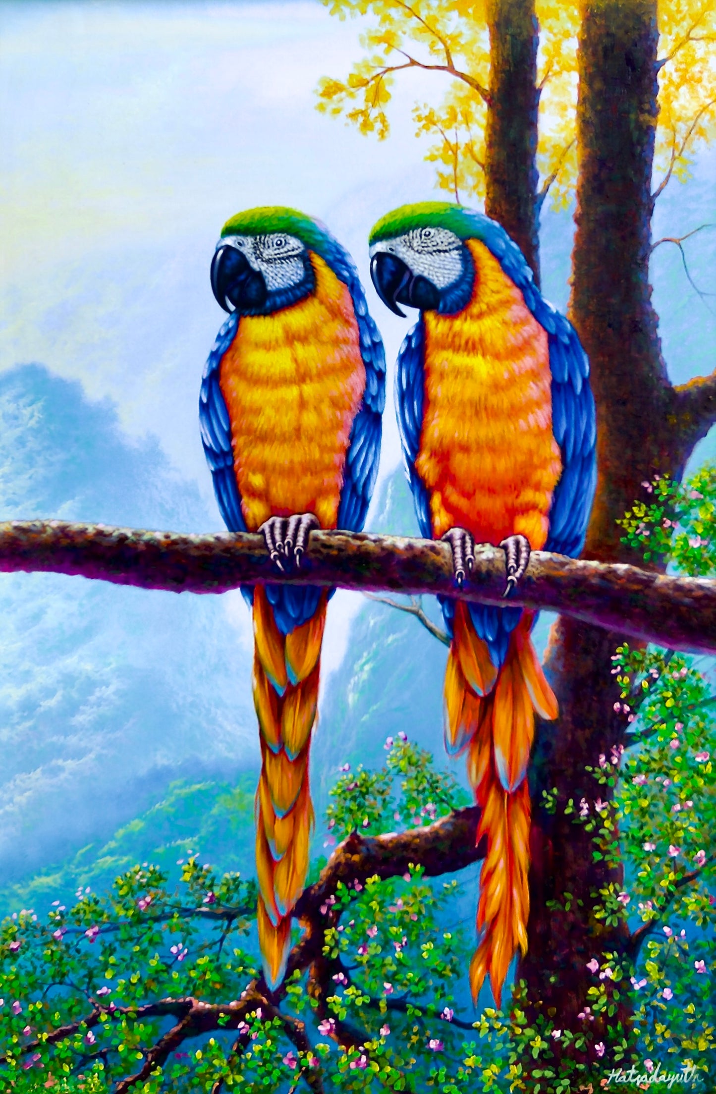 Two Macaws on a Branch | 60 x 90 cm